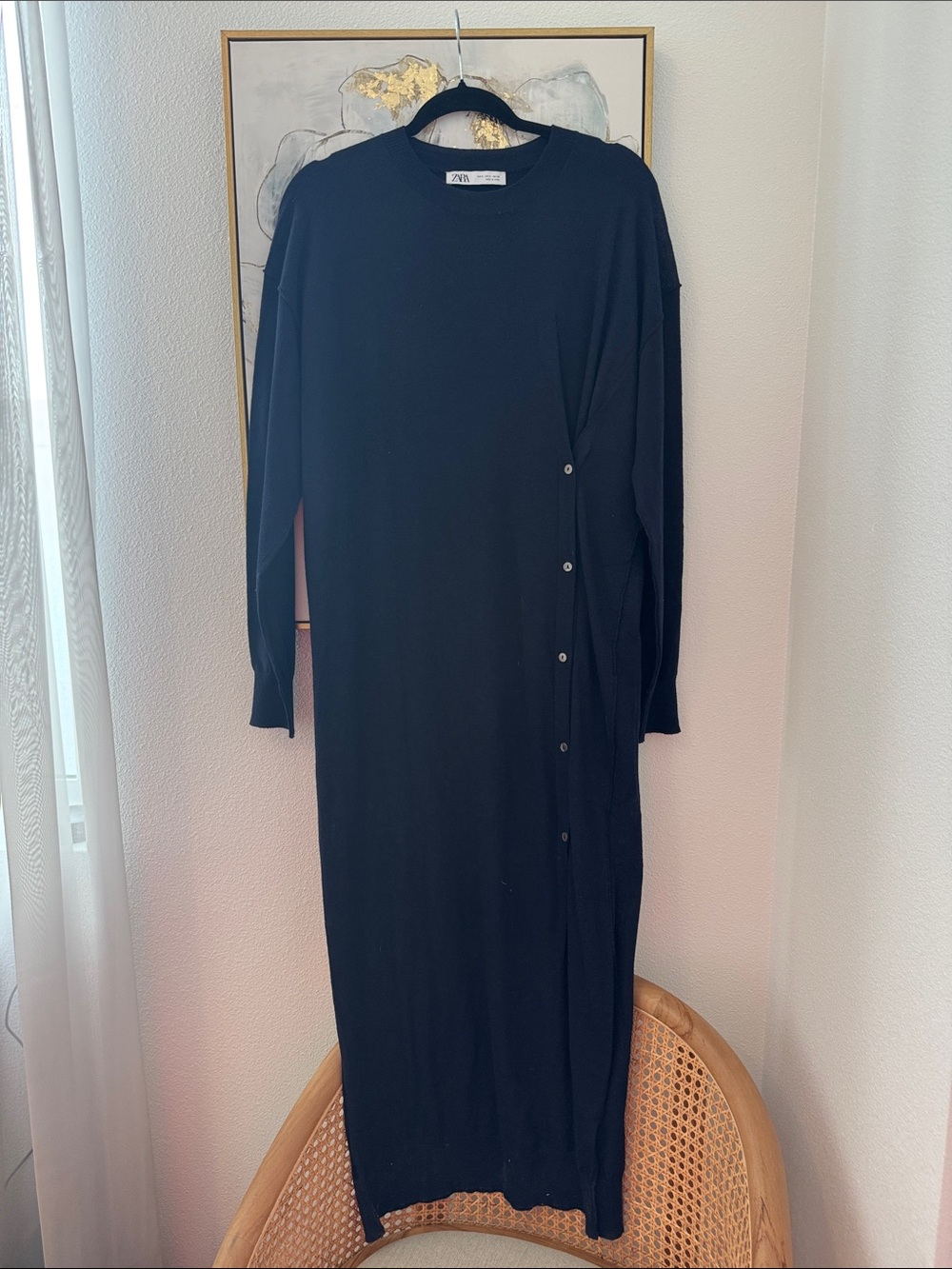6/14 Zara Blue Long-Sleeve Side-Button Knit Midi Dress